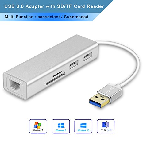 USB 3.0 to 2-Port USB Hub SD & MicroSD/TF Dual Card Reader   10/100/1000 Gigabit Ethernet Adapter,4 in 1 Multi Funtion Hub for PC Laptop Mac（Silver）