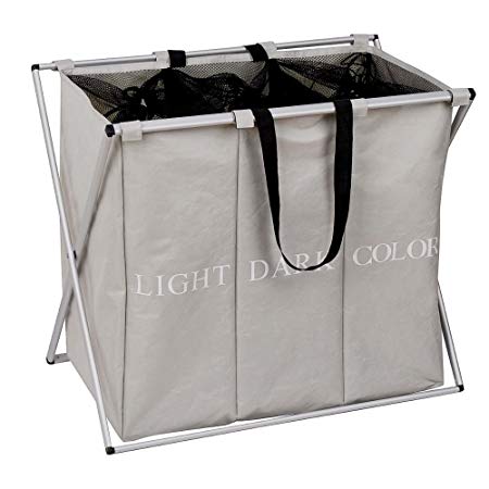 Olilio 3 Sections Laundry Hamper Basket with Aluminum Frame L24.8 x W14.96 x H22.44 Folding Durable Dirty Clothes Bag for Bathroom Bedroom Home, Grey