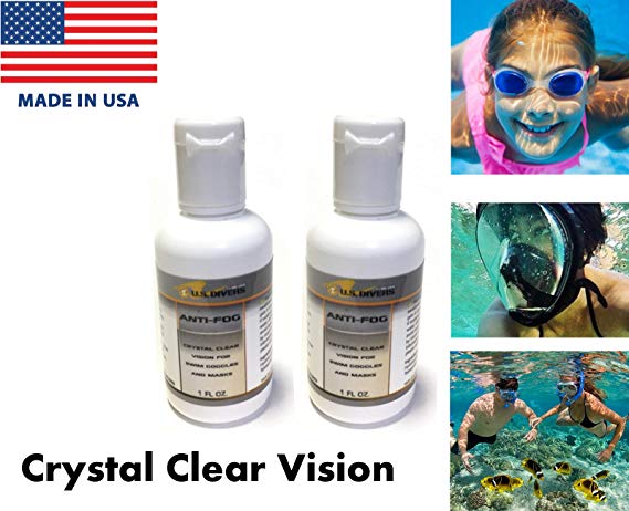 U.S. Divers MADE IN USA 2 Bottle of CRYSTAL CLEAR VISION Anti-Fog Solution for Swim Goggles Scuba Snorkel Mask Beach Vacation Trip Pool Gym Bag School Locker