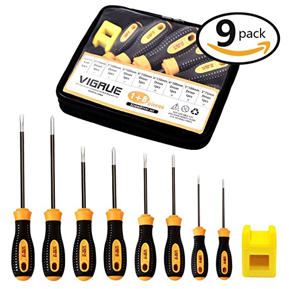 Magnetic Screwdriver Set,VIGRUE Phillips and Slotted Screwdriver Set with Professional Storage Case and Magnetizer Demagnetizer Tool 9 Piece