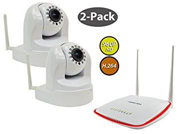 2-Pack Foscam FI9826W White 3x Optical Zoom 1.3 MP (960P) WiFi IP Camera & FR305 WiFi Router/Repeater Bundle, Dual Range Amplification