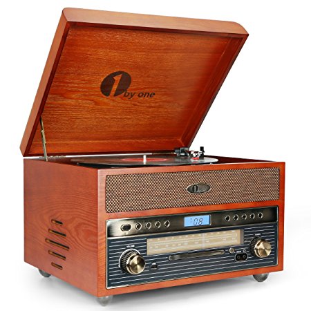 1byone Nostalgic Wooden Turntable Bluetooth Vinyl Record Player with AM/FM, CD, MP3 Recording to USB, AUX Input for Smartphones & Tablets and RCA Output