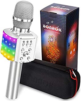BONAOK Upgraded Bluetooth Karaoke Wireless Microphone with Flashing Colorful LED Lights, 4 in 1 Portable Bluetooth Karaoke Machine Home Party Speaker for iPhone/Android/PC (Silver)