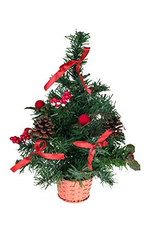 Clever Creations Mini Tabletop Christmas Tree Decorated with Balls, Berries, Pinecones, and Bows in a Basket | Festive Holiday Décor | Classic | Lightweight | Shatter Resistant | 12" Tall (Red)