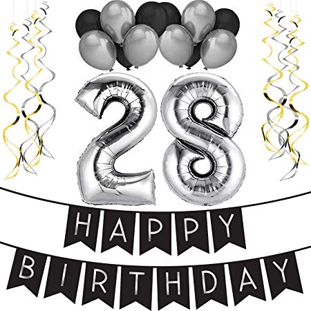 Sterling James Co. 28th Birthday Party Pack – Black & Silver Happy Birthday Bunting, Balloon Swirls Pack- Birthday Decorations – 28th Birthday Party Supplies