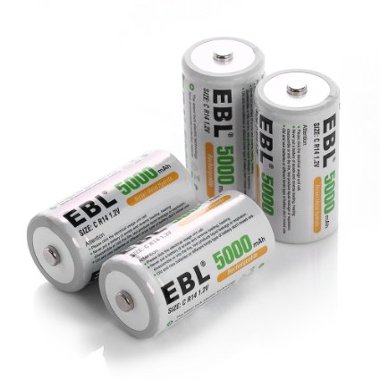 EBL 5000mAh High Capacity Ni-MH Rechargeable C Batteries 4 Pack Battery Case Included