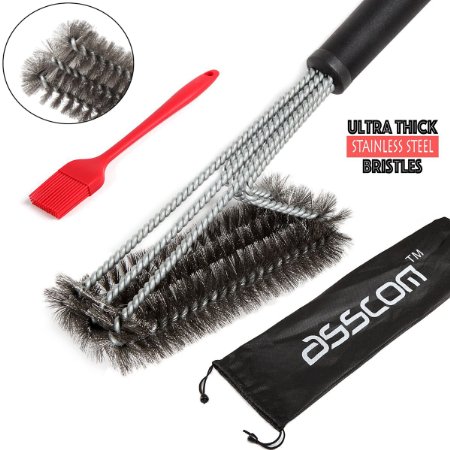 BBQ Grill Brush By AsscomTM - 18" - 3 Stainless Steel Brushes in 1 and a small 100% small silicone brush - Best Barbecue Cleaner Tools Accessories - Outdoor Kitchen Wire Bristles Cleaning Grates Parts Set to Handle Weber Charcoal, Charbroil, Gas, Electric, Porcelain, Infrared Grills