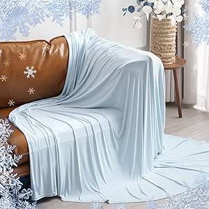 PHF Reversible Double Cooling Blanket Throw Size, Ultra Soft Arc-Chill Q-Max&gt;0.5 Thin Summer Single Layer for Hot Sleepers, Breathable Lightweight Portable Silky for Home Office Travel Car, Ice Blue