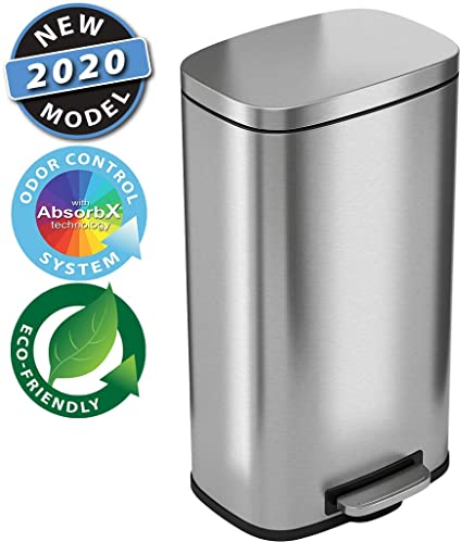 iTouchless SoftStep 8 Gallon Step Trash Can with Odor Control System and Removable Inner Bucket, Stainless Steel 30 Liter Kitchen Garbage Can Perfect for Home & Office