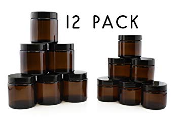 Combo Pack of 2 & 4-Ounce Amber Glass Straight Sided Jars (6 Each/12 Total); Great Containers for Cosmetics, Lotions, Body Scrubs & Balms