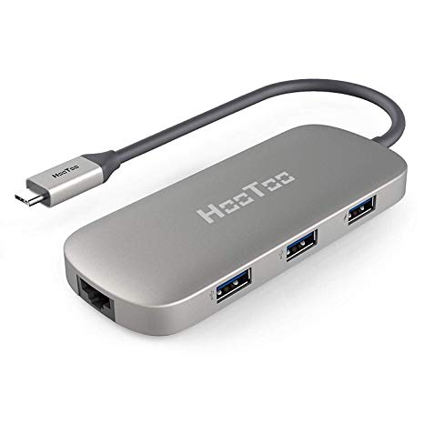 HooToo USB C Hub with Extended Cable (22cm), 6-in-1 USB C Adapter with Ethernet, HDMI, Power Delivery, 3 USB 3.0 Ports USB C Network Adapter for MacBook/Pro/Air and Type C Windows Laptops - Grey