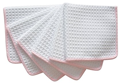 Sinland Thick Microfiber Waffle Weave Dish Cloths Dishcloths Washcloths Facial Cloths 6 pack White W/edge Pink