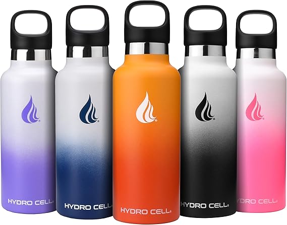 HYDRO CELL Stainless Steel Water Bottle with Straw & 2 Standard Mouth Lids (32oz 24oz 20oz 16oz) Keeps Liquids Hot or Cold w/Double Wall Vacuum Insulated Leak Proof Sport Design (Red/Orange 20oz)