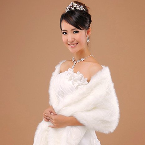 Vktech Charming Long Hair Faux Fur Wedding Shawl Stoles Wraps Cape for Women (White)