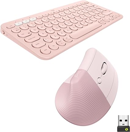 Logitech K380 Multi-Device Bluetooth Wireless Keyboard and Lift Vertical Ergonomic Mouse Combo, Quiet, Multi-device, Compact, 2 Year Battery, Windows/macOS/iPad OS, Laptop, PC, QWERTY UK - Rose