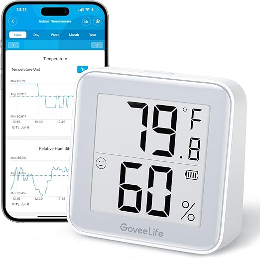 GoveeLife E-Ink Digital Bluetooth Indoor Thermometer Hygrometer,1 Year Replaceable Bettery, 2 Years Data Storage Export,Accurate for Home(with Battery)