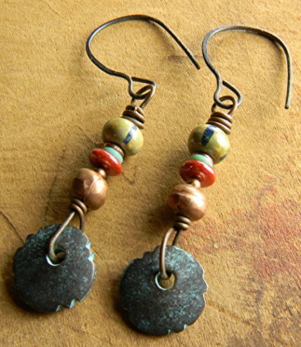 Tribal Jewelry Earrings Mykonos African Copper Red Yellow Stripe