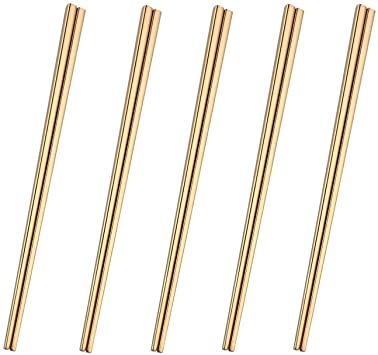 Dtdepth Stainless Steel Chopsticks - 5 Pairs Gold Reusable Dishwasher Safe Chopsticks, 304 Stainless Steel, Easy to Use (No Color Fading)