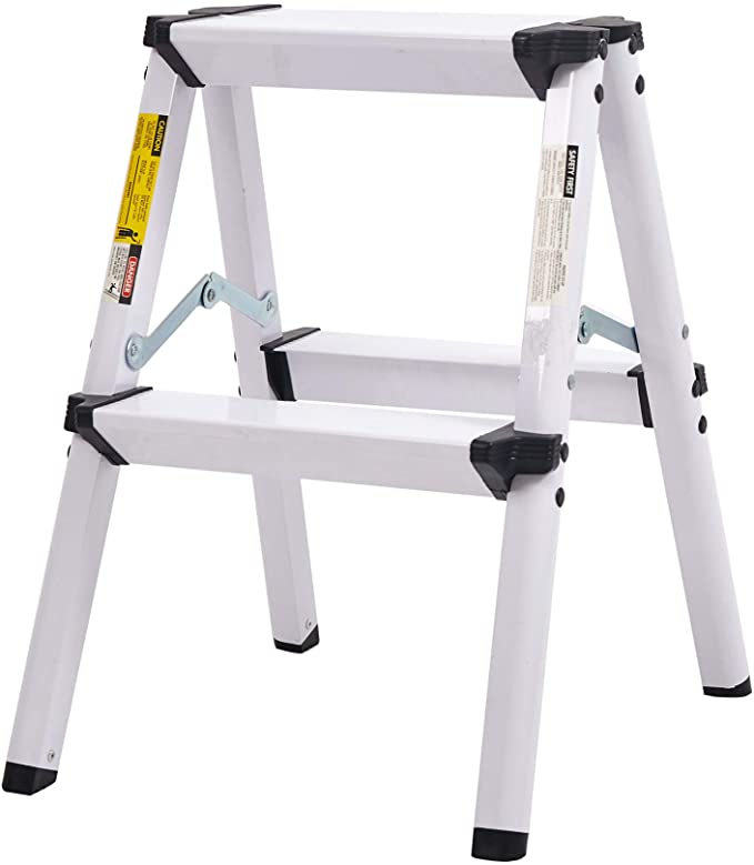 2 Step Ladder Folding White Aluminum Step Stool 2 Step for Adults, 20in