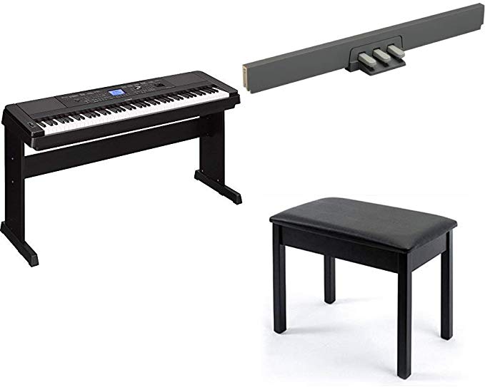 Yamaha Dgx660B 88-Key Weighted Digital Piano and Furniture Stand with 3-Pedal Unit for DGX-660, Black and Padded Wooden Piano Bench, Black