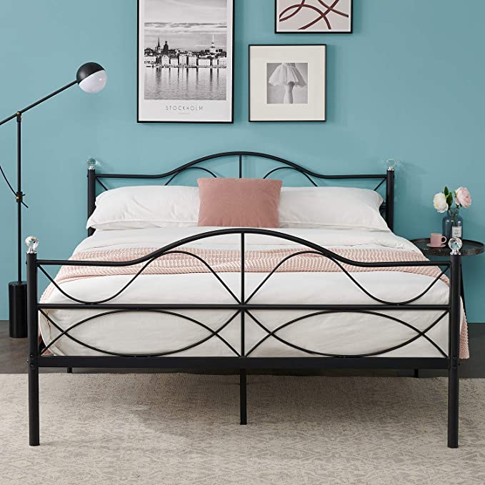 VECELO Classic Metal Bed Frame with Headboard and Footboard, No Box Spring Needed/Mattress Foundation/Heavy Duty,Queen Size-Black