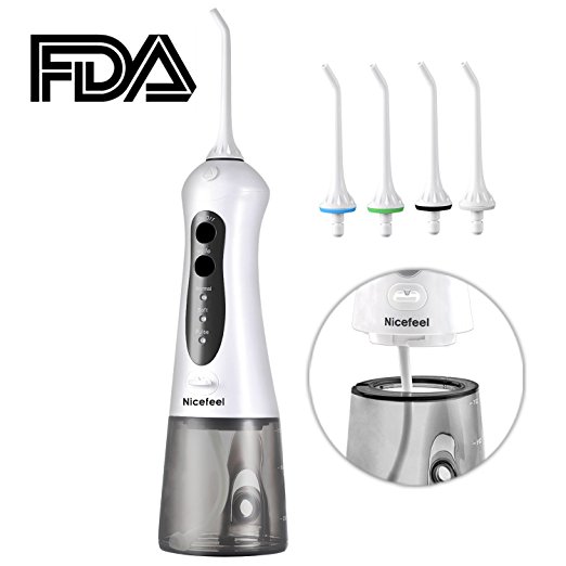 Cordless Water Flosser Oral Irrigator, Nicefeel IPX7 Waterproof 3-Mode USB Rechargable Professinal Portable Water Dental Flosser with 4 Jet Tips for Braces and Teeth Whitening of Family