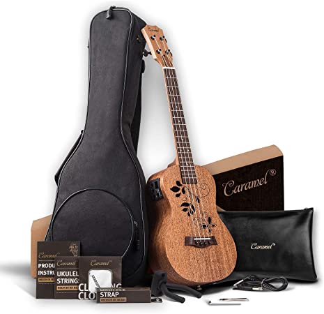 Caramel CT417 All Solid Mahogany Butterfly Style Tenor Acoustic Electric Ukulele with Truss Rod with Aquila strings, Padded Gig Bag, Strap and EQ cable