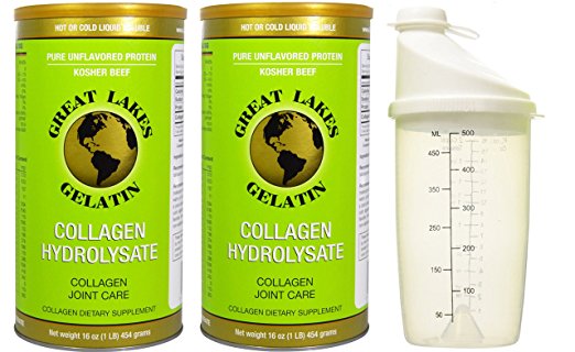Great Lakes Collagen Hydrolysate Unflavored Kosher Beef Gelatin, with ChefWing Shaker Cup(colors vary) (2 Cans of 16 Ounce)