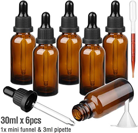 Hyber&Cara Amber Glass Bottle with Glass Pipette, 6 X 30ml / 1oz Dropper Bottles Refillable for Essential Oil Aromatherapy Blends