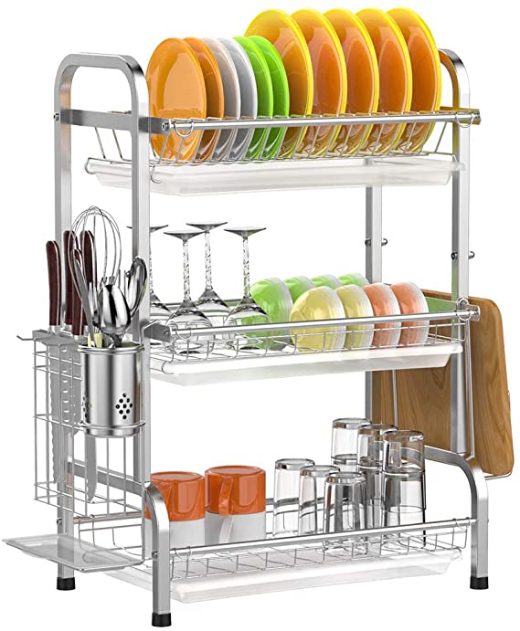 Dish Drying Rack,Ace Teah 3 Tier Dish Drainer, 201 Strainless Steel Dish Rack with Utensil Holder and 3 Draining Boards, Silver