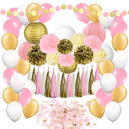 62 pc Party Supplies Kit: Pink, Ivory & Gold Decorations for Birthdays, Bachelorette, Engagement, Bridal & Baby Showers –Pom Poms, Lanterns, Latex Balloons, Tassels, Confetti & Garland for Women