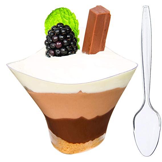 DLux 60 x 5 oz Mini Dessert Cups with Spoons, Large Swirl - Clear Plastic Parfait Appetizer Cup - Small Disposable Reusable Serving Bowl for Tasting Party Desserts Appetizers - With Recipe Ebook