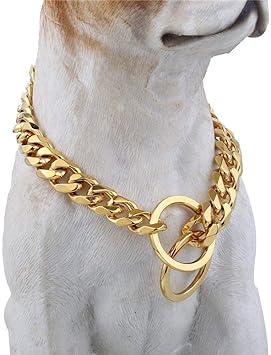 Chain Dog Collar 18K Gold Cuban Link Dog Chain Chain Collar Metal Stainless Steel Heavy Duty Slip Dog Collars for Small, Medium, and Large Dogs(15MM, 26")