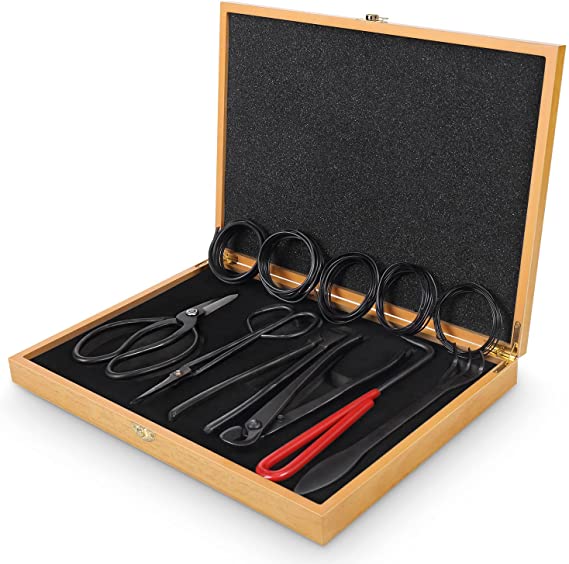 Bonsai Tools Set with Wood Box 12PCS Heavy Duty Bonsai Tree Kit, Trimming Scissor Shears, Concave Cutter, Wire Rolls, Wire Cutter and More, Gardening Bonsai Pruning & Care Kit