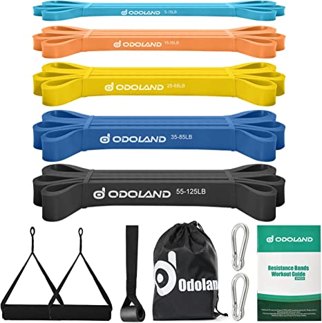 Odoland 5 Packs Pull Up Assist Bands, Pull Up Straps, Resistance Bands with Door Anchor and Handles, Stretch Mobility, Powerlifting and Extra Durable Exercise Bands with eGuide