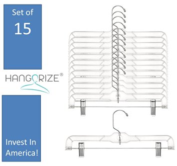 Hangorize Skirt, Pants, and Clothes Hangers, Clear, Set of 15, Proudly Made In The USA