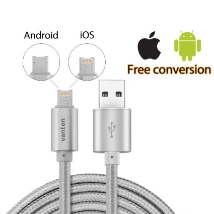 Vanten 33ft USB 20 A Male to Reversible Micro USB Cable and Lighting Cable Nylon Braided Cord Joined 2 in 1 High Speed Data Sync Both for Android and iOS with One Plug 1 Pack