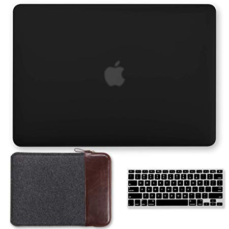 GMYLE MacBook Air 13 Inch Case A1466 A1369 Old Version 2010-2017 3 in 1 Bundle, Plastic Hard Shell, 13.3 inch Protective Carrying Sleeve, Keyboard Cover Set – Black with Felt/Leather Sleeve