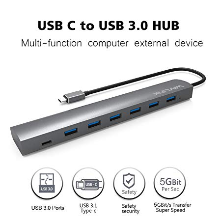 WAVLINK 7 Ports USB Type C to USB 3.0 Hub (6 Ports USB 3.0   1 USB C Port) Aluminum Design with 5V 6A Adapter Super Speed to 5Gbps Multi-Function Hot Swapping Support for Mac and Windows