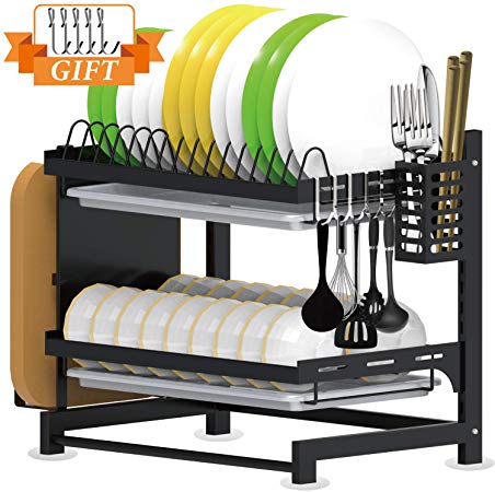 Tsmine Dish Drying Rack 2-Tier with Tray, Stainless Steel Dish Rack Drainer for Kitchen Organizer Storage Space Saver with Utensil Holder & Cutting Board Holder