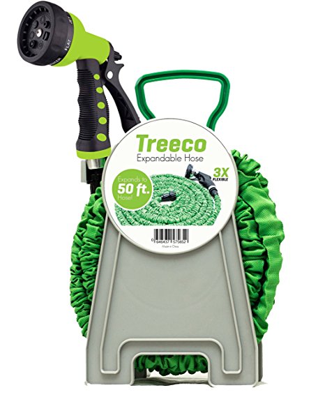 Sale New Expandable Garden Water Hose kit 50 ft Kink-Free Triple Latex. Lightweight & heavy duty flexible collapsible by Treeco with nozzle sprayer & gun set with reel
