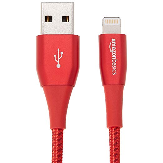 AmazonBasics Double Nylon Braided USB A Cable with Lightning Connector, Premium Collection - 4-Inch, 12-Pack - Red
