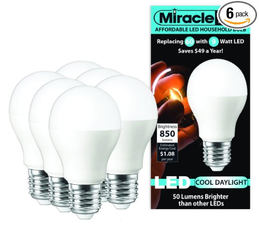 MiracleLED 604726 9W Affordable Household Bulb 850 Lumens Perfect A19 Household Replacement Light, Cool White, 6-Pack