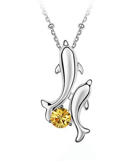 White Gold Plated Happy Play Dolphins with Round Swarovski Cubic Zirconia Crystal Necklace Fashion Jewelry for Women