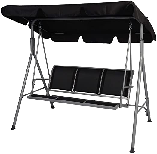 LUCKYERMORE 3 Person Patio Swing with Convertible Canopy-Weather Resistant Frame and Breathable Seat, Comfy Outdoor Swing Chair Bench for Porch Backyard Garden, Black