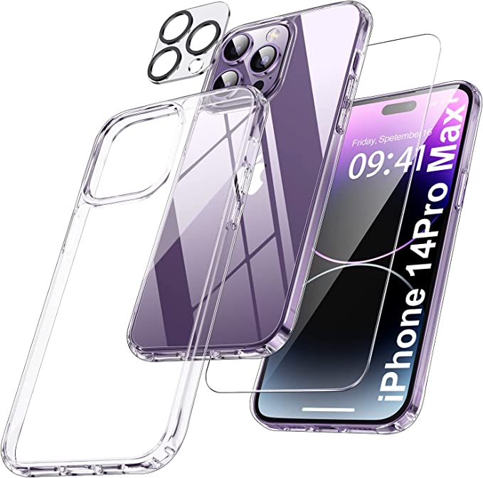 [5-in-1] for Apple iPhone 14 pro Case, with 2 Pack[ Tempered Glass Screen Protector]   2 Pack [ Camera Lens Protector] Shockproof Slim Non-Slip Cover Military Grade Drop Protection 2022 Clear