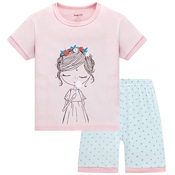 AmberEft Girls Pajamas Kids Cotton Shorts PJs Summer Clothes Sleepwear 1-12 Years