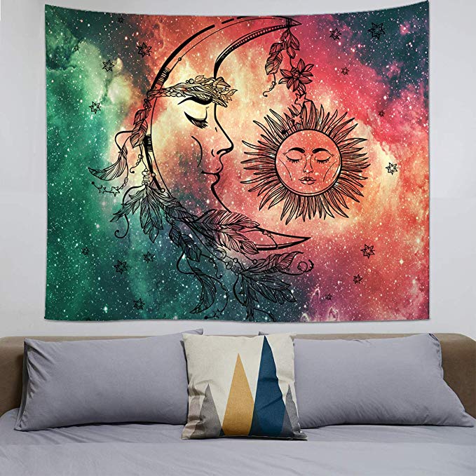 Psychedelic Tapestry Wall Hanging, Celestial Moon Sun Wall Tapestry, Hippie Wall Art Decoration for Bedroom Living Room Dorm, Window Curtain Picnic Mat Beach Blanket, 59" X 51"
