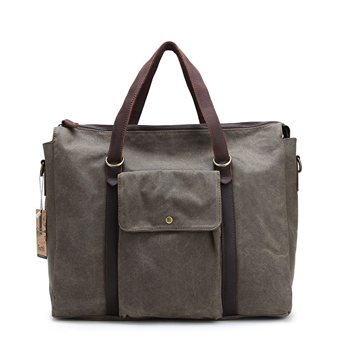 Samic Women Shoulder Handbag Vintage Oversized Leather Canvas Travel Tote Bag 17 inch Laptop Bag