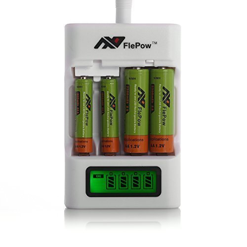 FlePow 4 BaySlot AA AAA Ni-MH Ni-Cd LCD Fast Charger Smart Battery Charger for Rechargeable BatteriesBatteries NOT Included